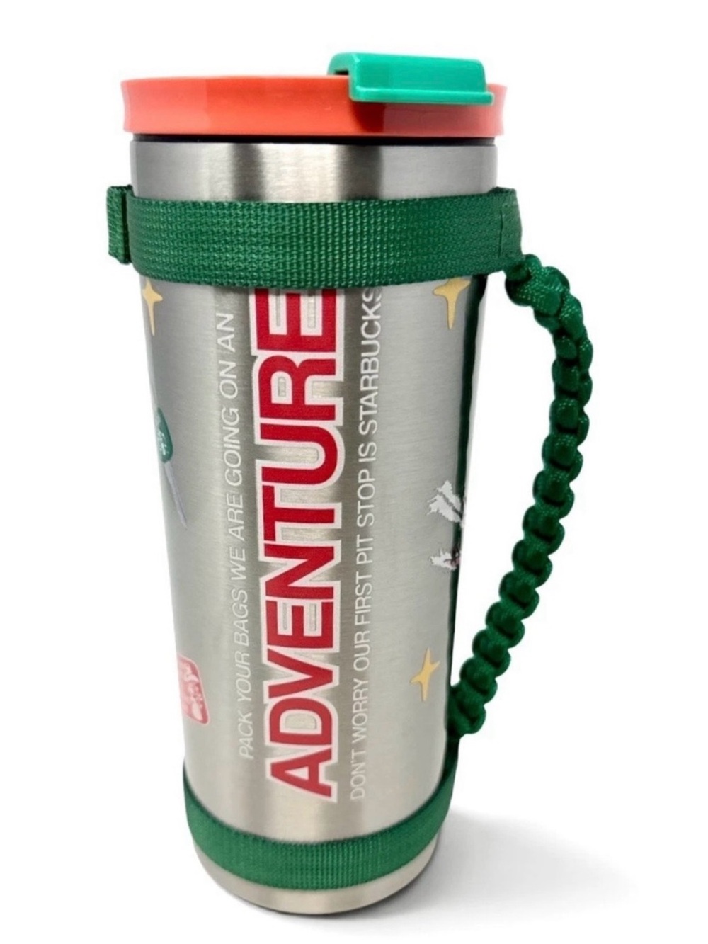 Starbucks Adventure Stainless Steel Travel Tumbler - Green Strap, Coral Lid